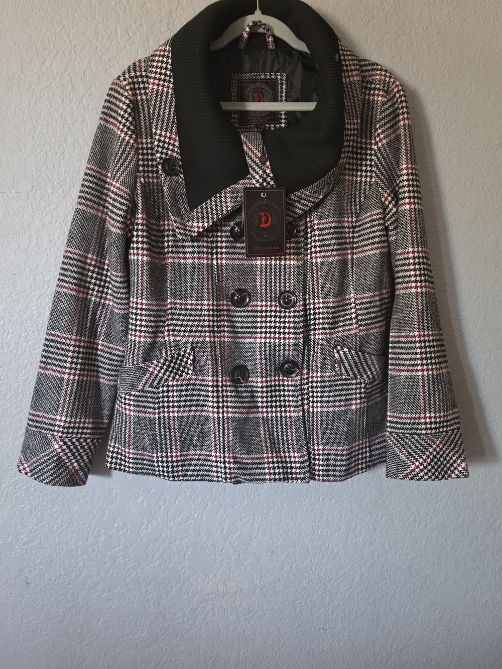 Dollhouse Black, White & Pink Plaid Double-Breasted Blazer Jacket